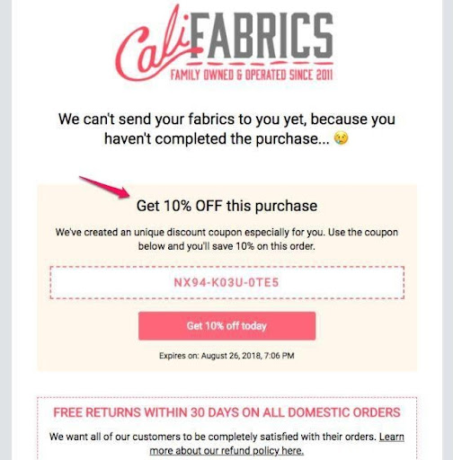 Cali Fabrics abandonment discount email example