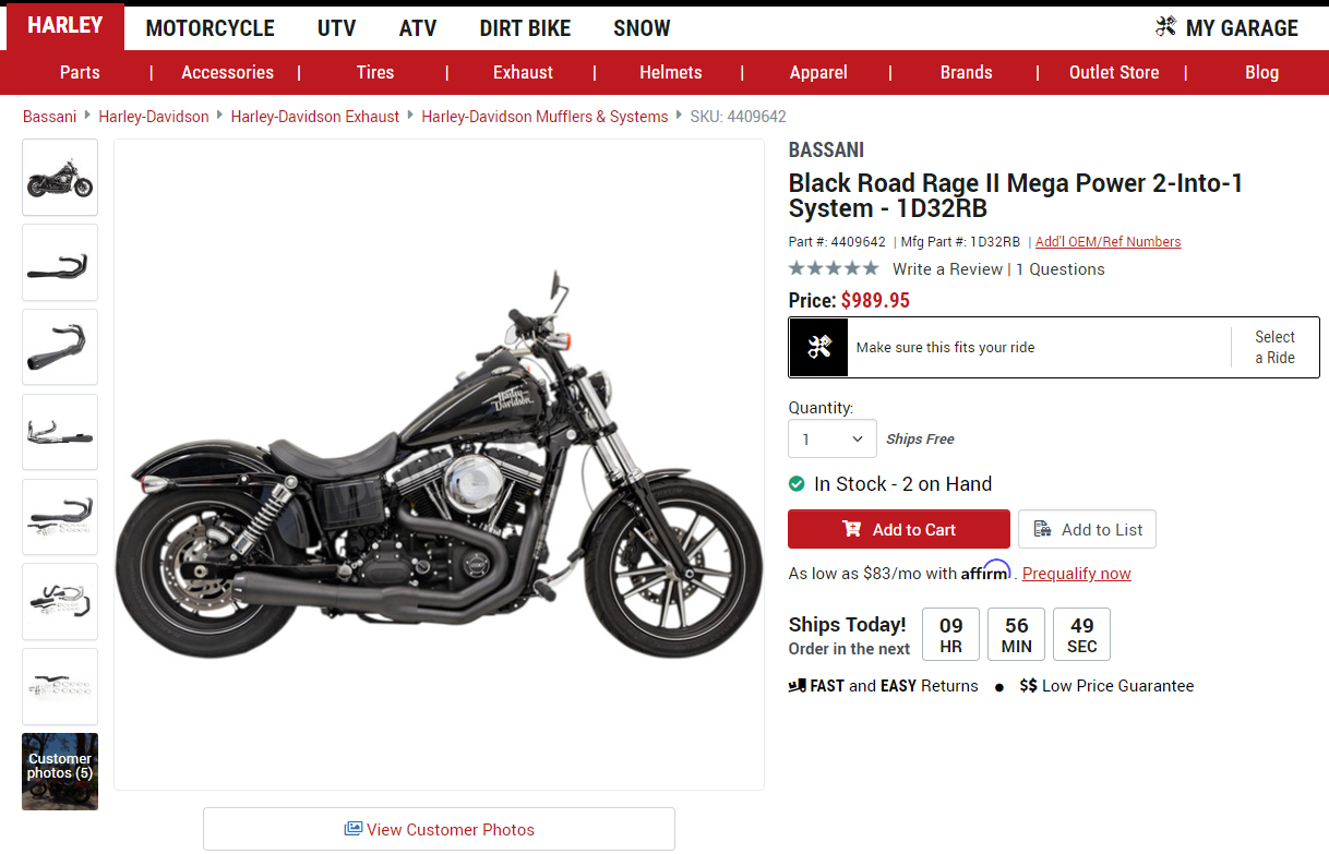 Product page for black motorcycle