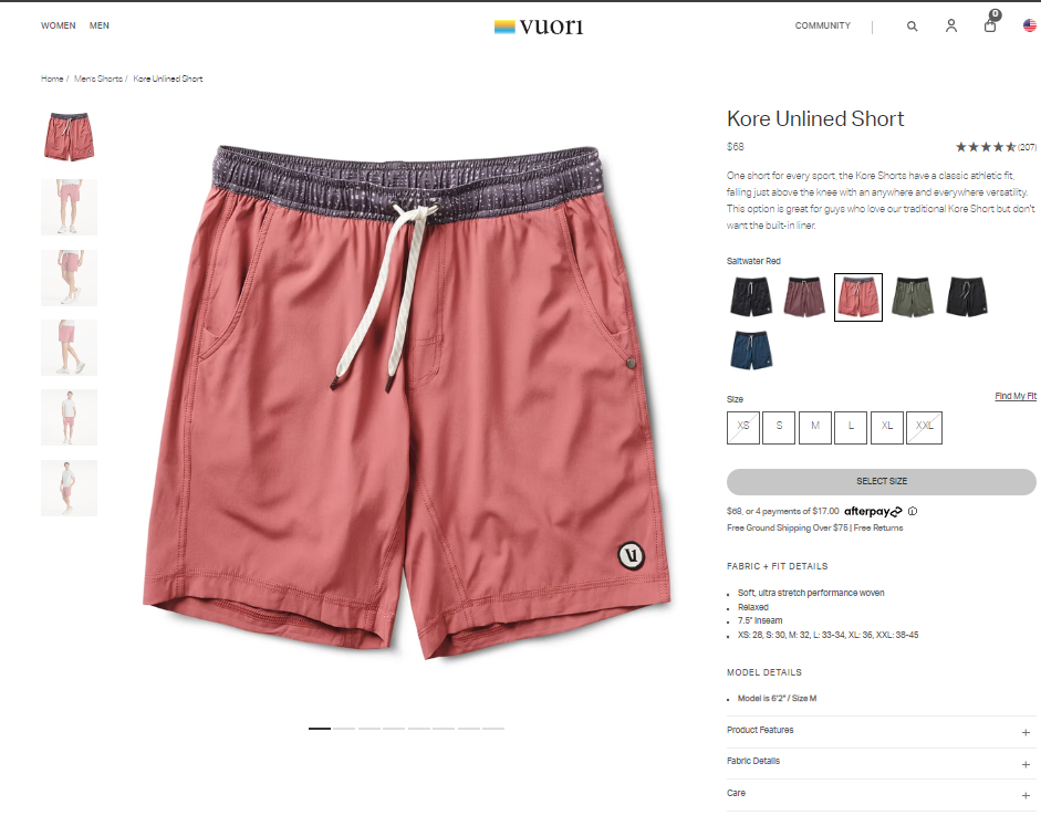 Product page screenshot of coral men's shorts